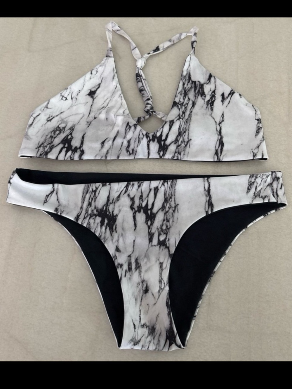 Women’s Marble-Print Bikini Set - White/Black